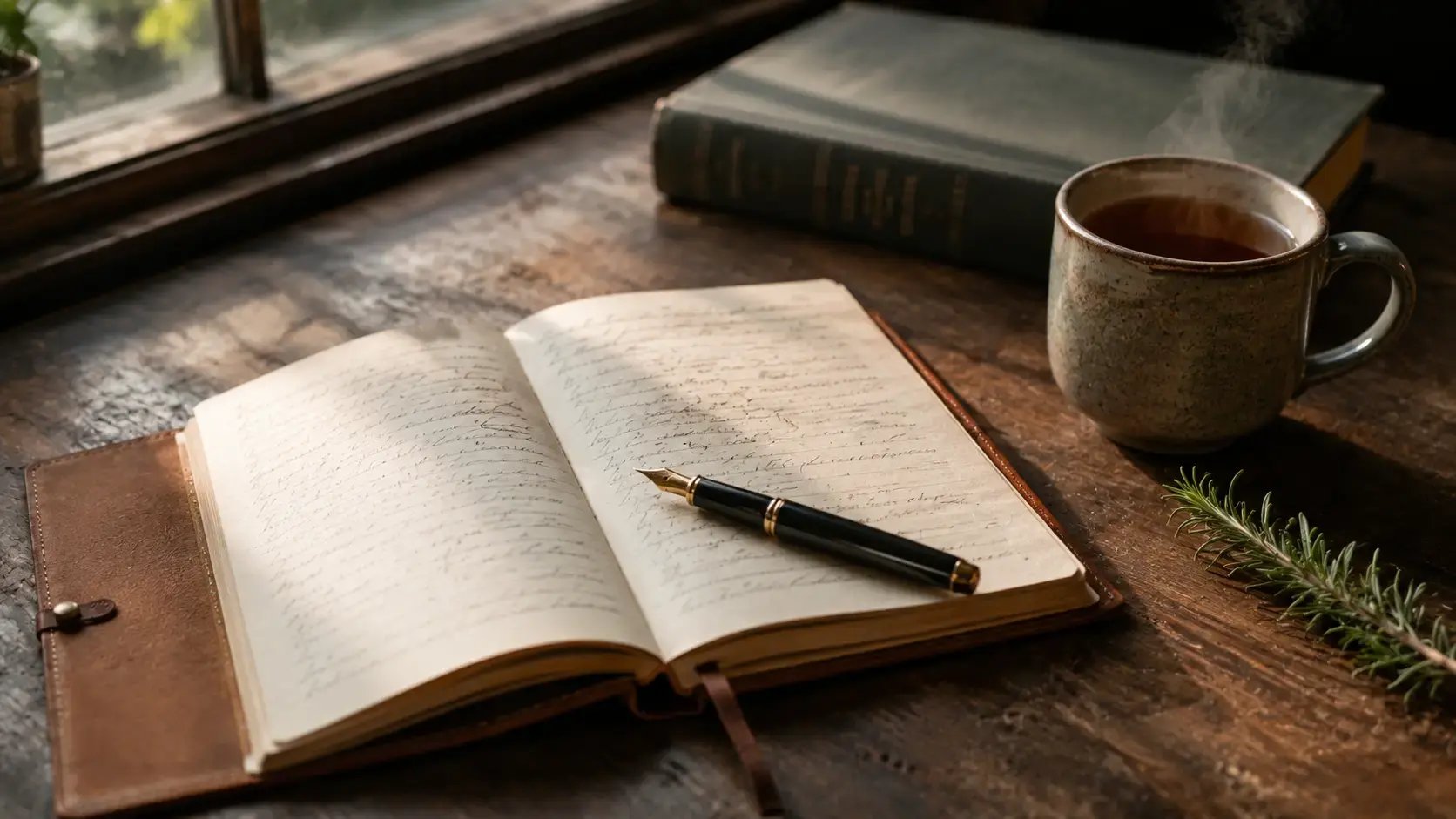 An open leather-bound notebook with a fountain pen resting on the page beside a steaming ceramic mug of tea on a wooden desk in soft early-morning light, evoking the beginning of a clinical practice being deliberately designed rather than allowed to take shape by default.