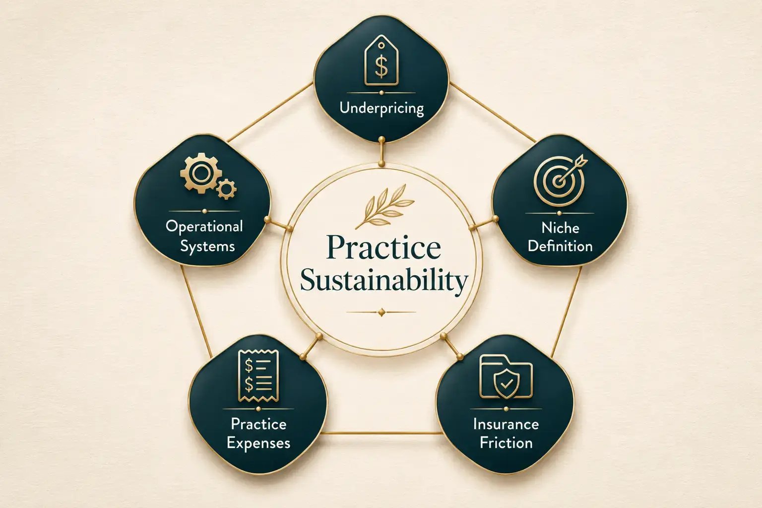 An editorial illustration of the five structural drivers of therapist burnout that conventional self-care framings tend to overlook, including underpricing, the absence of operational systems, an unclear niche, uncatalogued practice expenses, and insurance entanglement.
