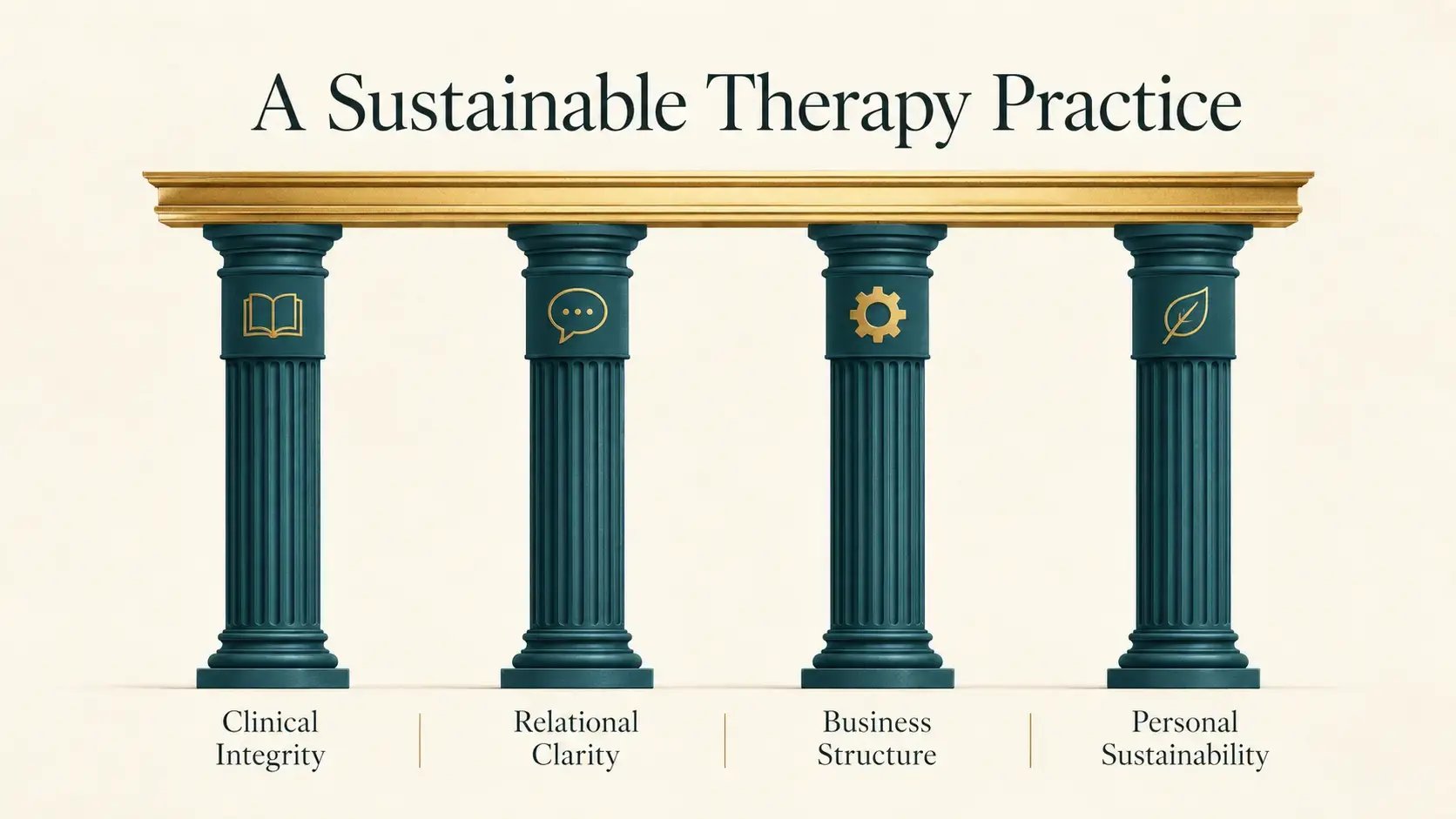 An editorial illustration of the four pillars of a sustainable therapy practice: clinical integrity, relational clarity, business structure, and personal sustainability, rendered as four labeled columns supporting a horizontal beam representing the practice itself.