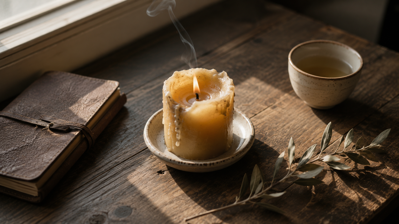A half-burned beeswax candle in a small ceramic dish on a weathered wooden desk near a window, the flame low and steady, a soft thread of smoke rising, evoking the quiet structural conditions underneath clinician burnout that conventional self-care framings tend to overlook.