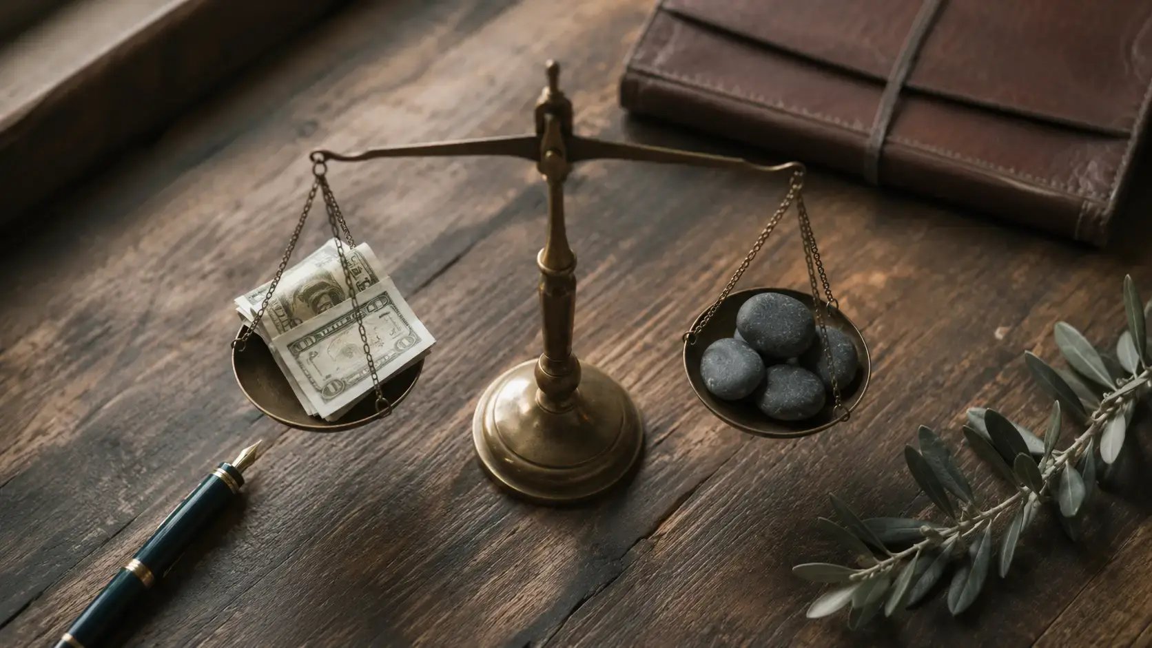 A vintage brass balance scale on a worn wooden desk, slightly out of equilibrium between a small stack of folded paper bills and a few smooth river stones, evoking the structural calibration required when therapists set their session fees deliberately rather than by comparison.
