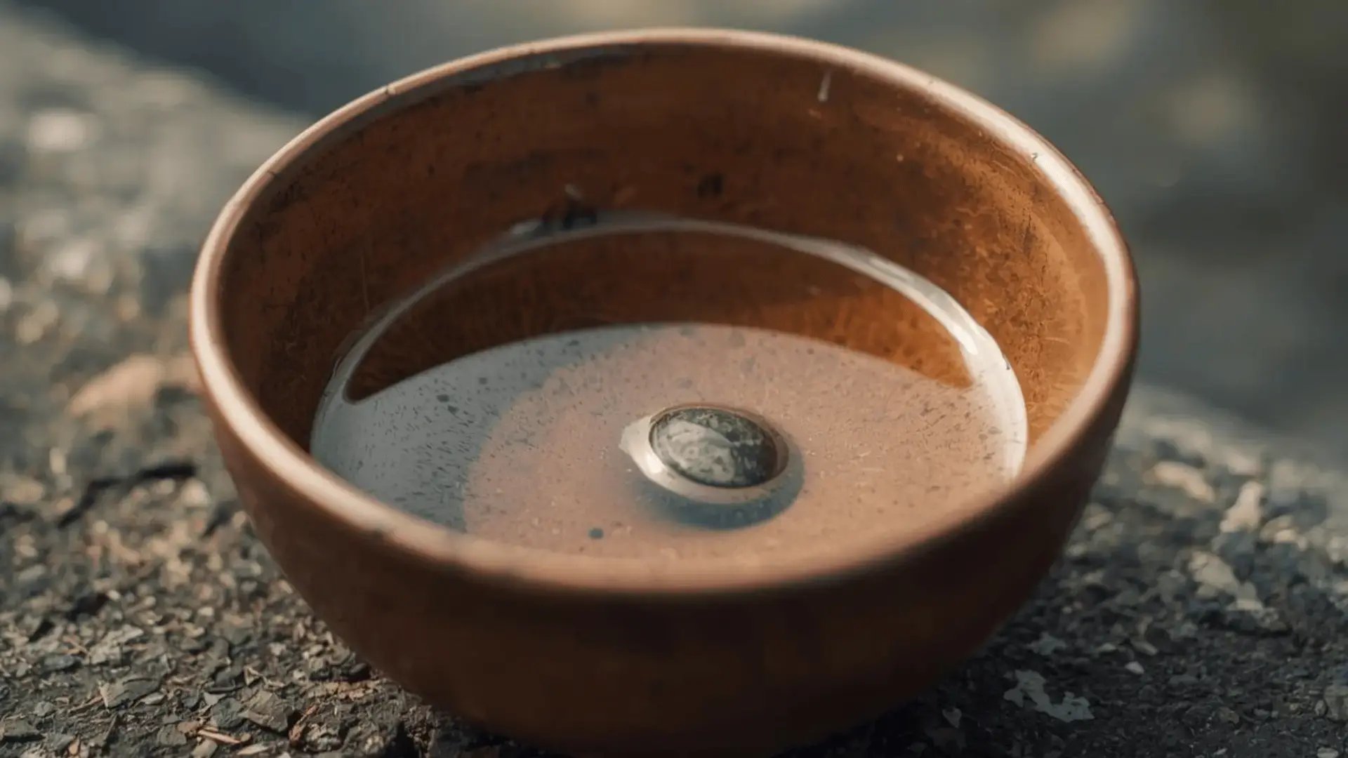 Small ceramic bowl holding water and a smooth stone, resting on a textured surface in soft natural light Trauma Therapist Institute
