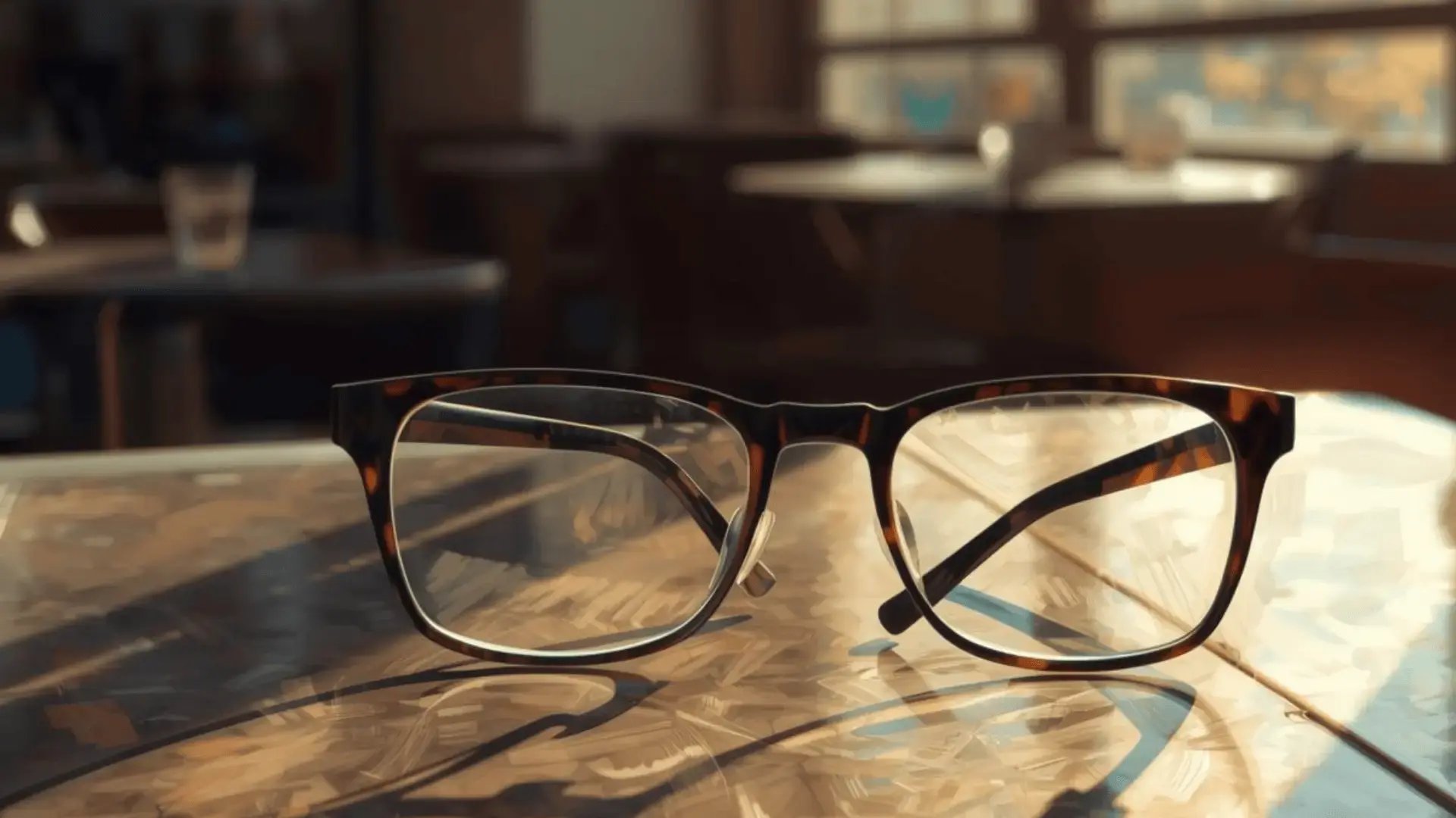 Tortoiseshell eyeglasses resting on a sunlit table with a softly blurred background, evoking clarity and a fresh perspective for Trauma Therapist Institute