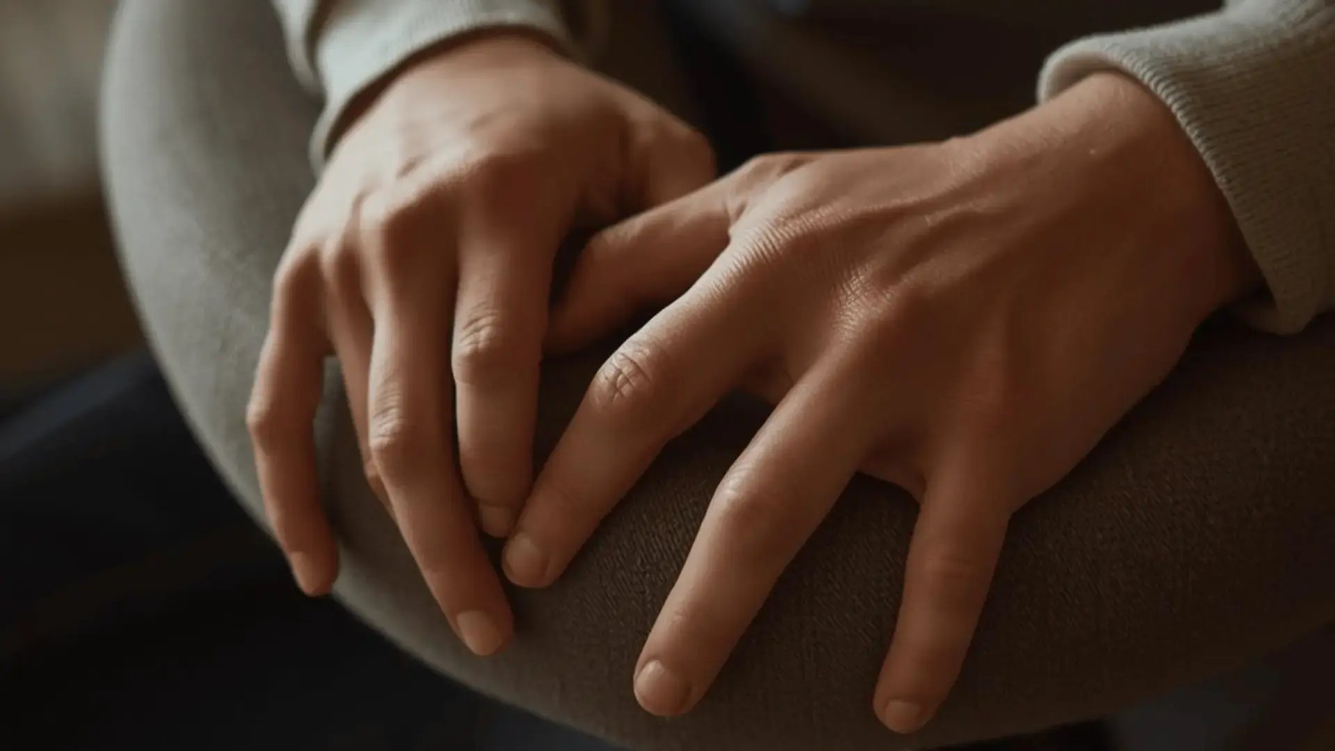 Two hands folded together on a knee in soft natural light, a subtle gesture of self-holding often seen in clients sitting with anger, shame, or depression. TTI
