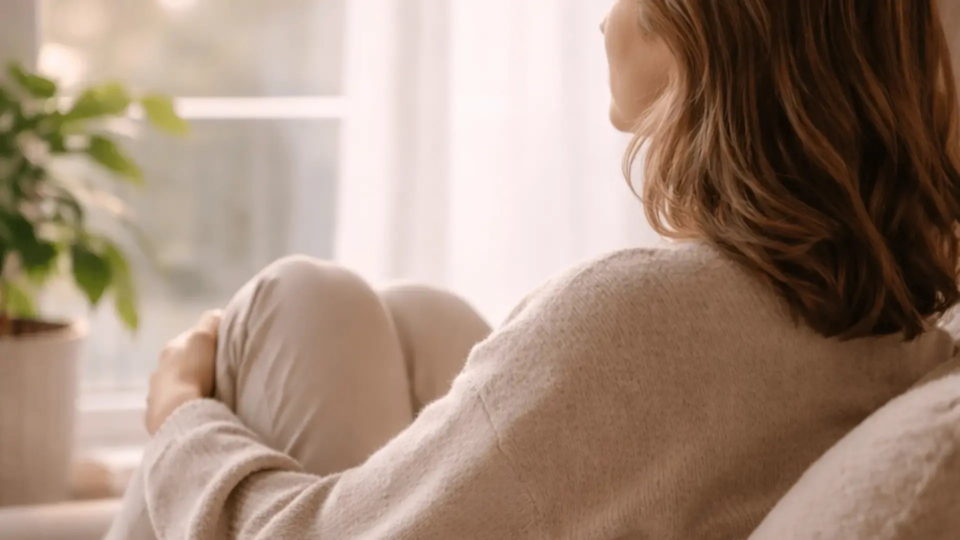 Woman in a soft sweater sitting with her knees drawn up, gazing toward a sunlit window with a green plant nearby Trauma Therapist Institute