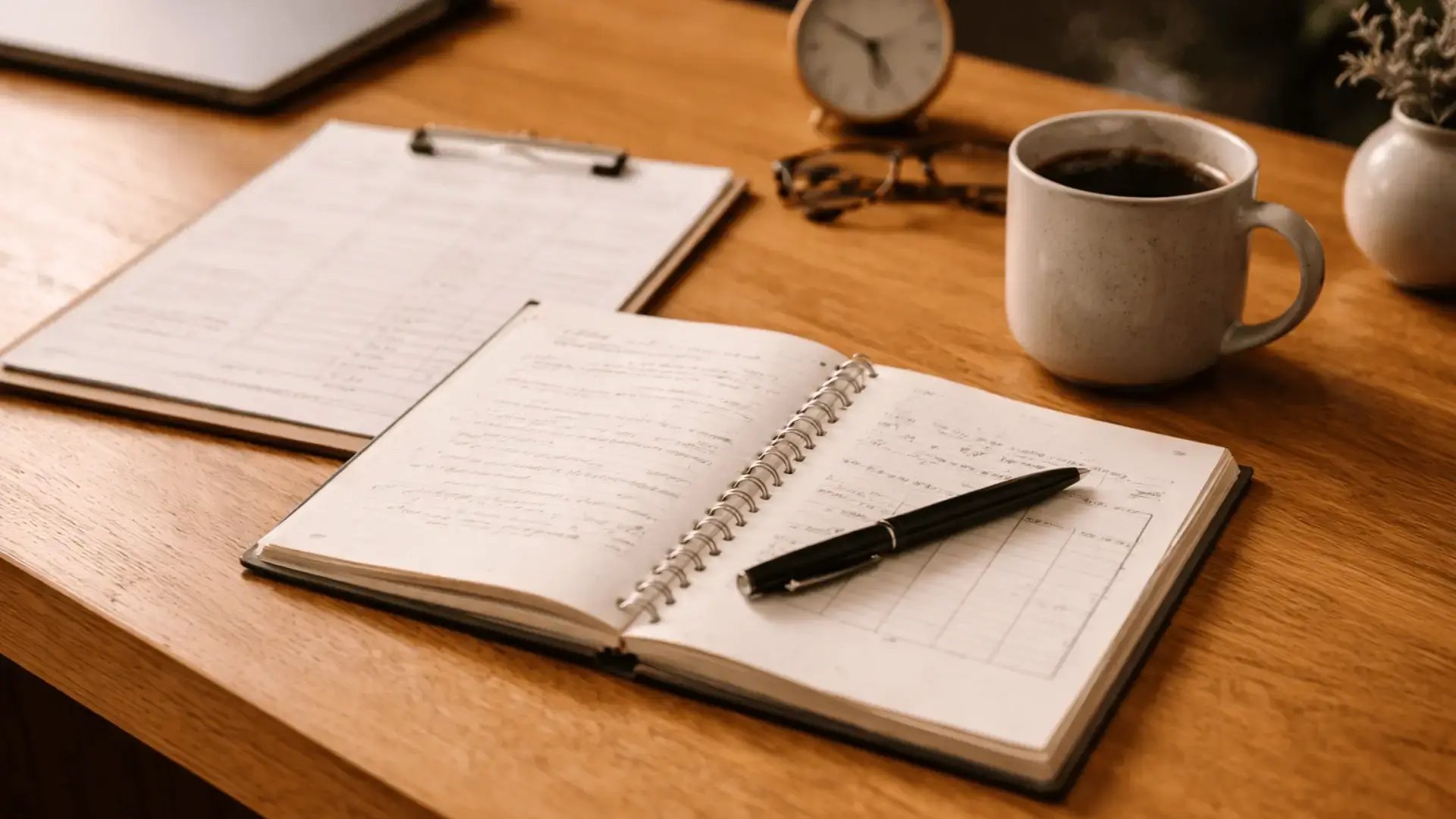  Clinical notebook, pen, clipboard, and coffee on a warm wooden desk Blog Trauma Therapist Institute