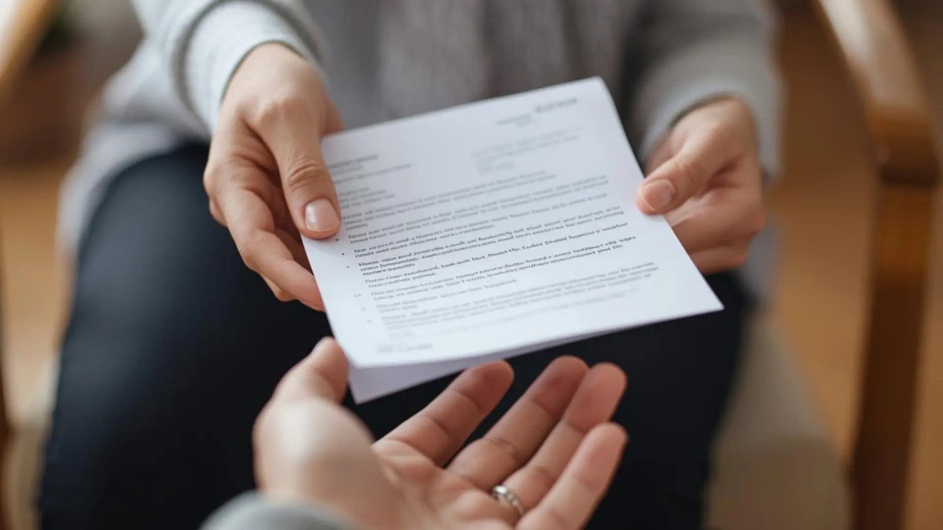 Close-up of one person handing a printed information sheet to another person in a warm indoor setting Trauma Therapist Institute