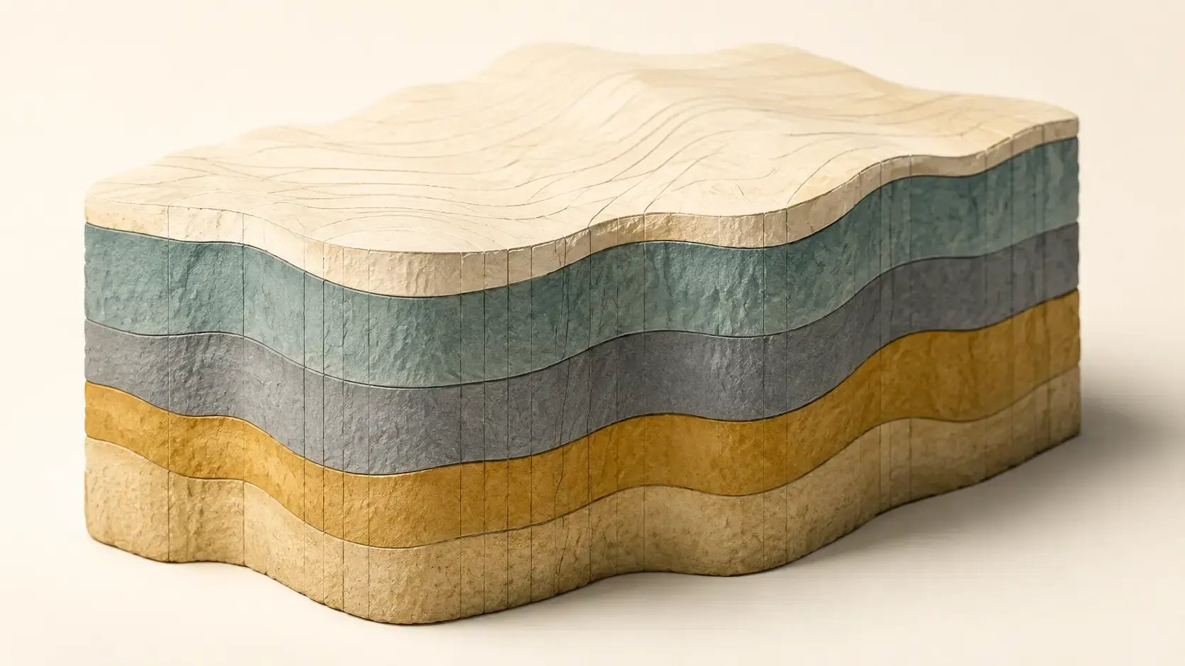 Editorial illustration of an abstract layered cross-section in muted teal, gold, slate, and sand tones, representing the foundational layers of nervous system-informed EMDR case conceptualization. 