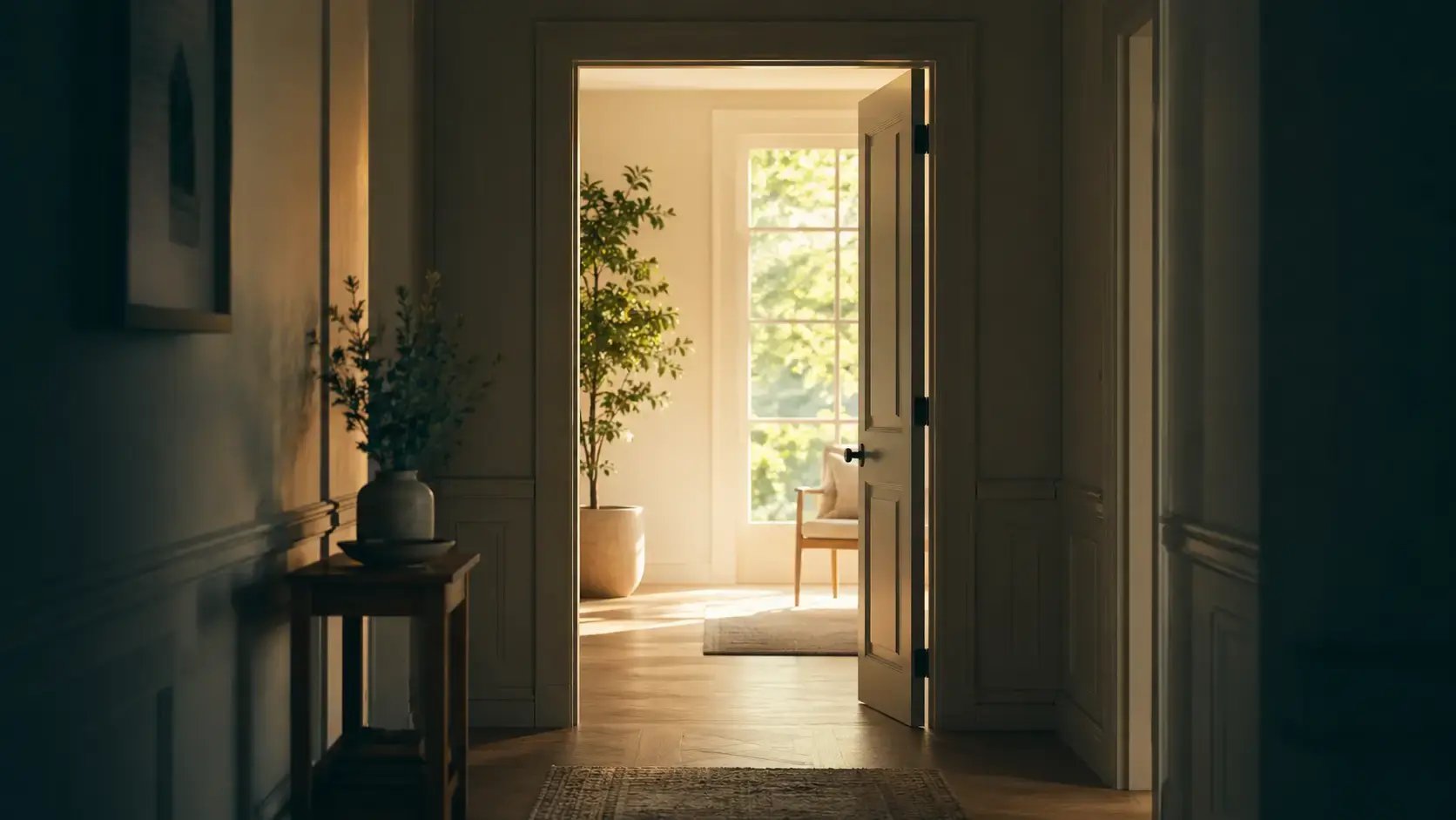 An open doorway at the end of a softly lit interior space, framing a brighter space beyond, representing the transition from EMDR therapy into life beyond treatment. 