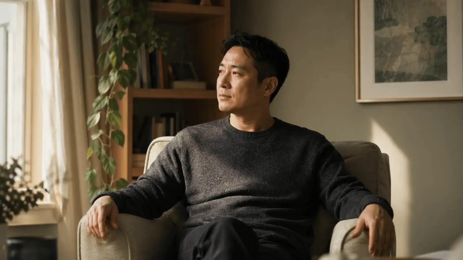  Man sitting thoughtfully in a linen chair in warm natural light Blog Trauma Therapist Institute