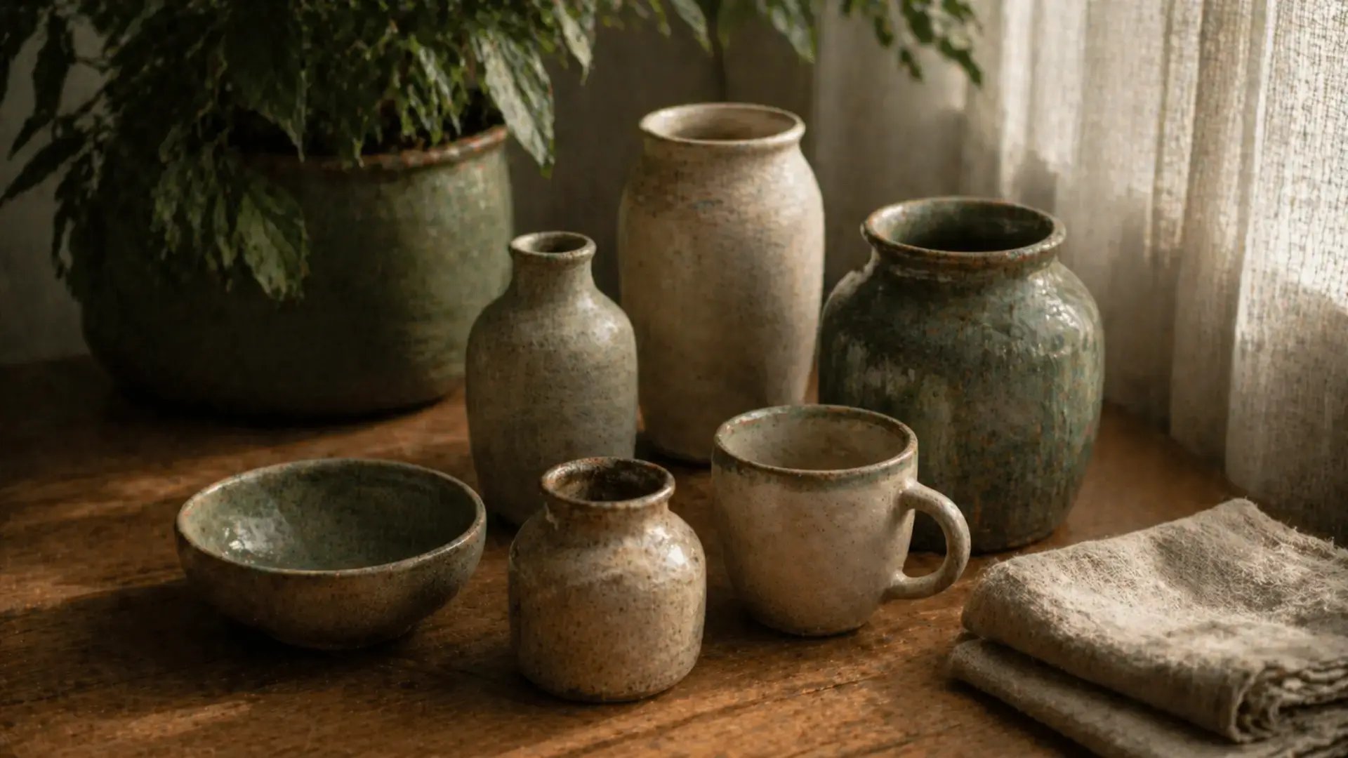 A thoughtful arrangement of handmade ceramic vessels of varying sizes resting together on a warm wooden surface in soft window light, illustrating the Internal Family Systems concept of many parts existing together within one whole self.