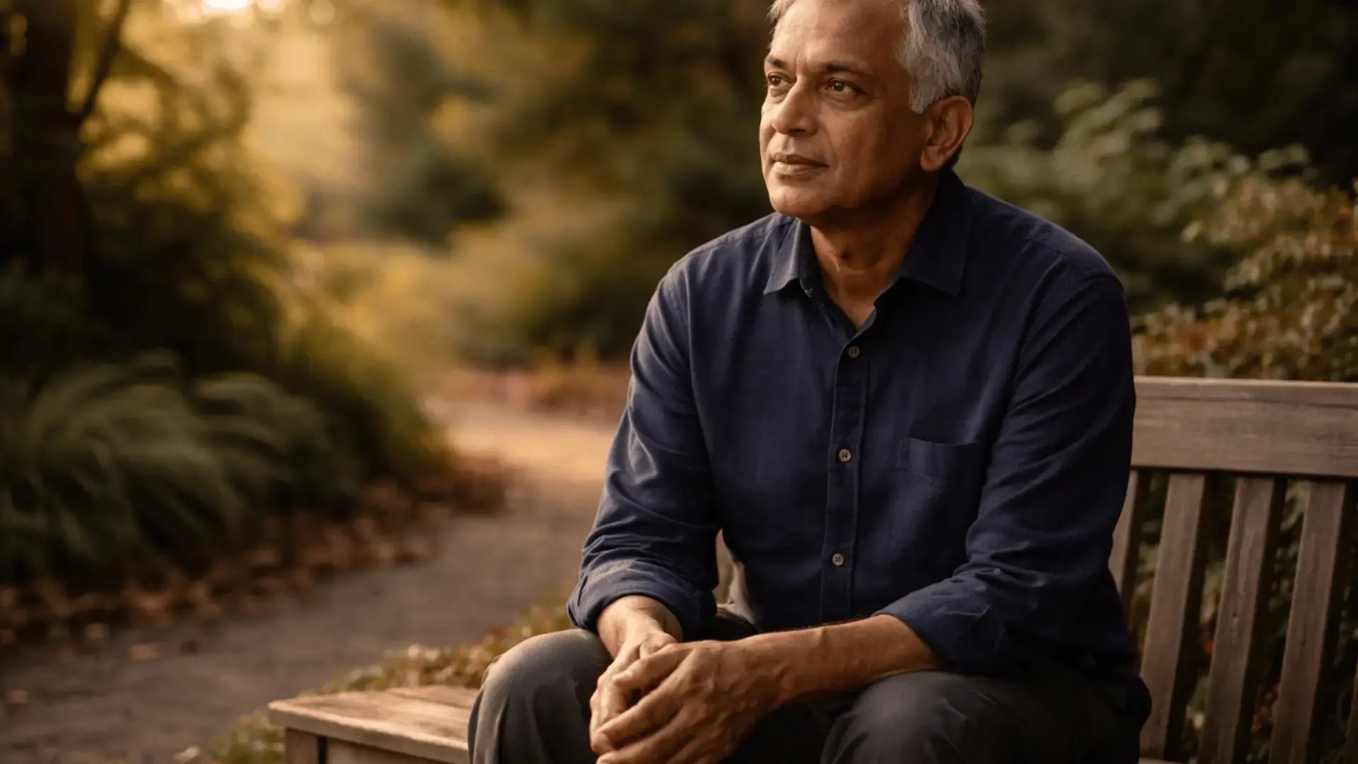 Older man sitting peacefully on a garden bench in warm afternoon light Blog Trauma Therapist Institute