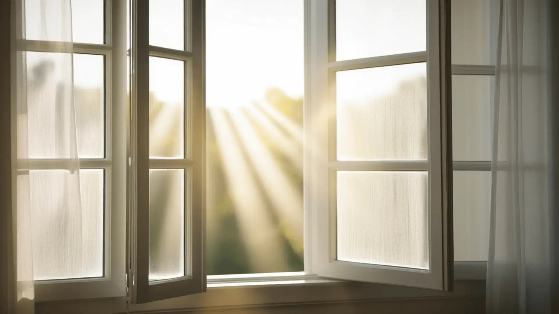 Open French windows with warm sunlight streaming through sheer curtains into a bright room Trauma Therapist Institute