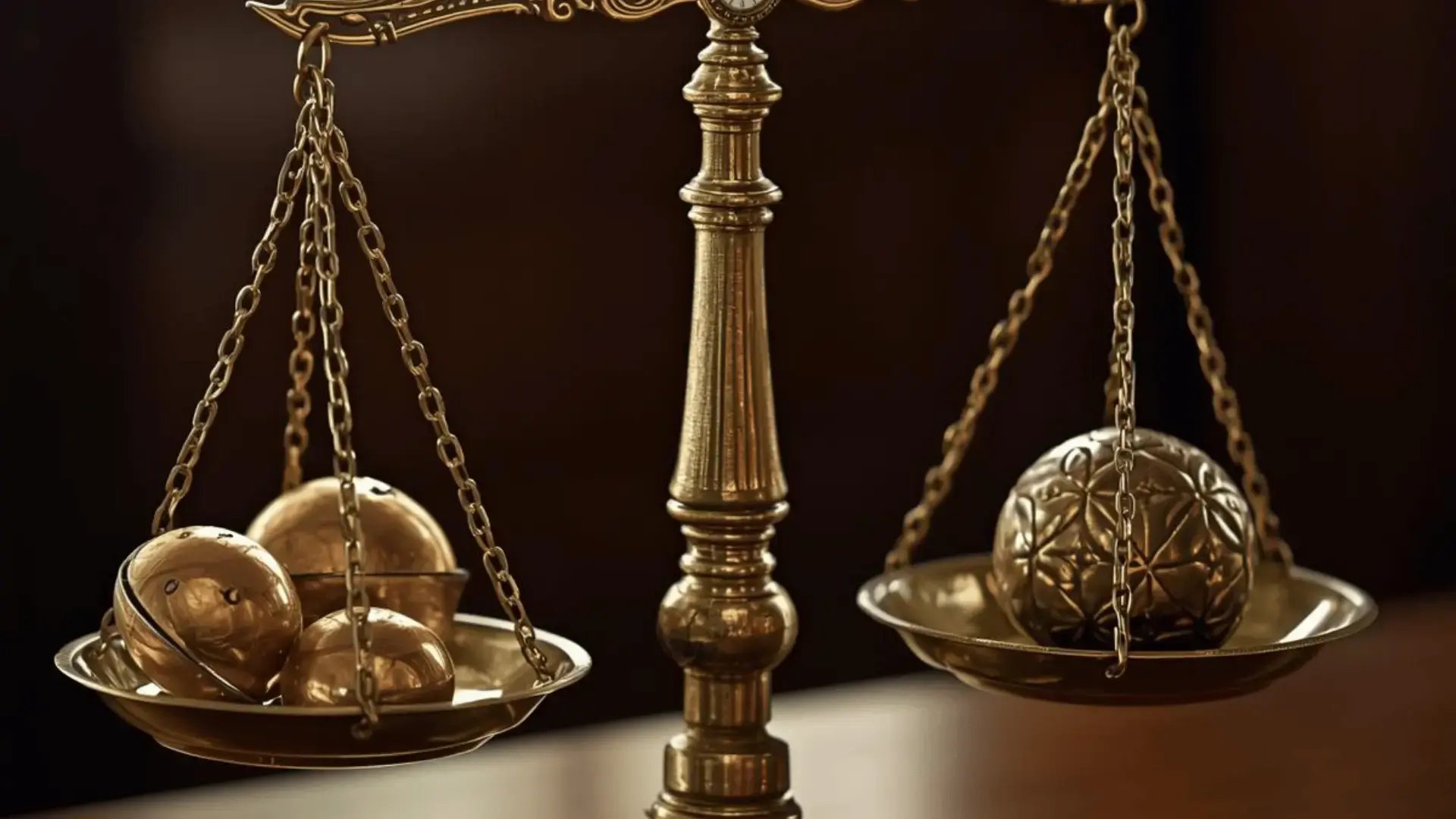 Ornate brass balance scale with weighted objects on both sides against a dark background, representing the weighing of evidence Trauma Therapist Institute