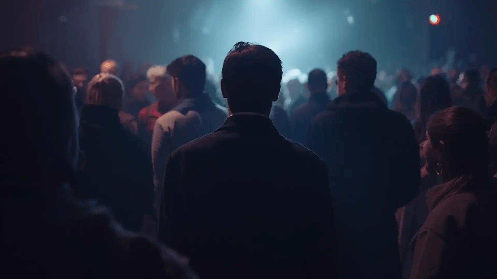 Person seen from behind standing alone in a dimly lit crowd, silhouetted against hazy blue light