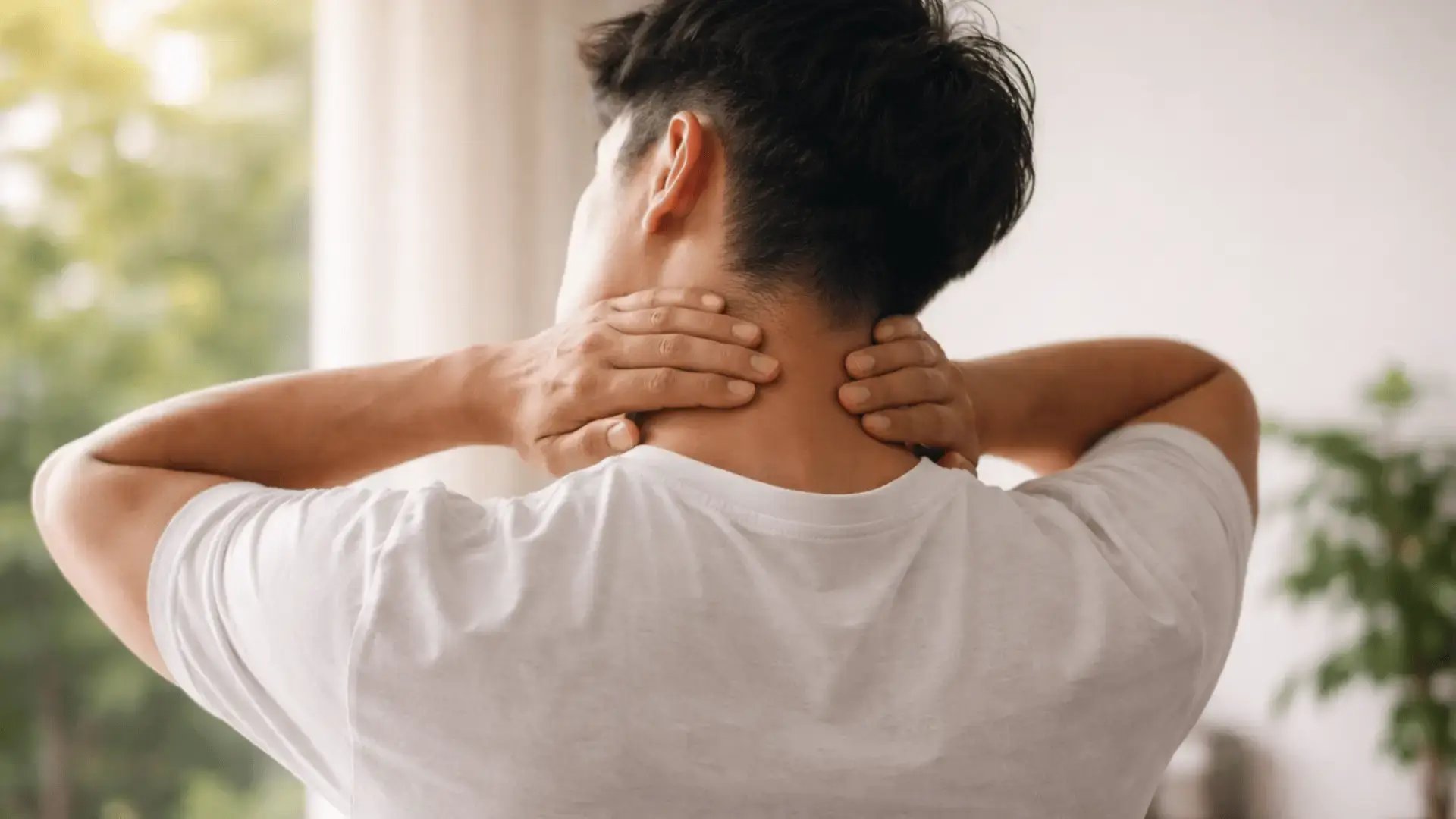 Person seen from behind with both hands on the back of their neck, releasing tension in a bright room with green plants Trauma Therapist Institute