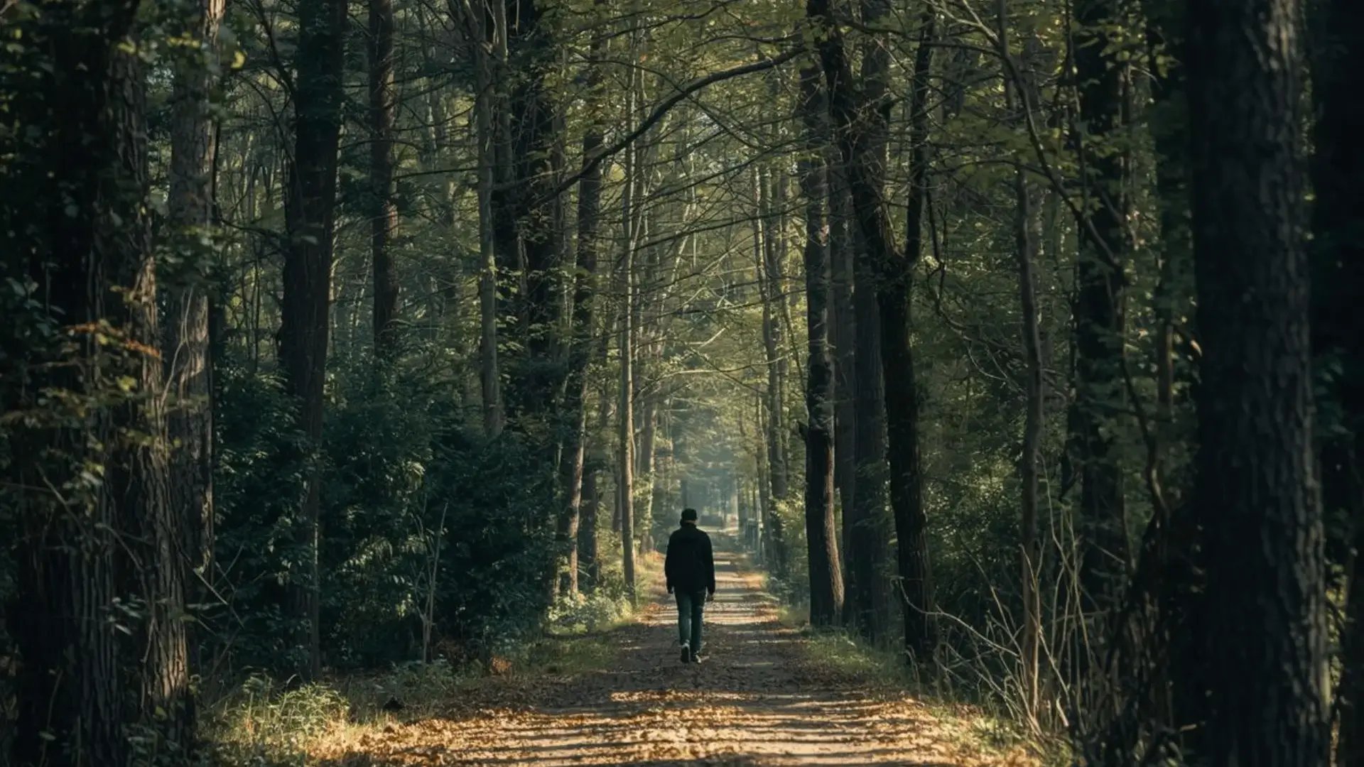 Person walking alone down a sunlit forest path lined with tall trees and fallen leaves Trauma Therapist Institute