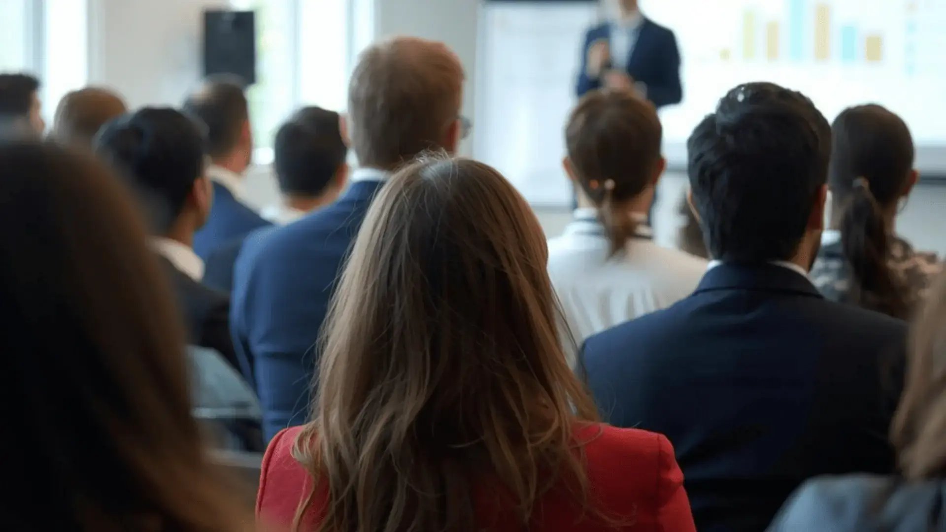 Professionals attending a training session, seen from behind, facing a presenter at a whiteboard in a bright conference room Trauma Therapist Institute