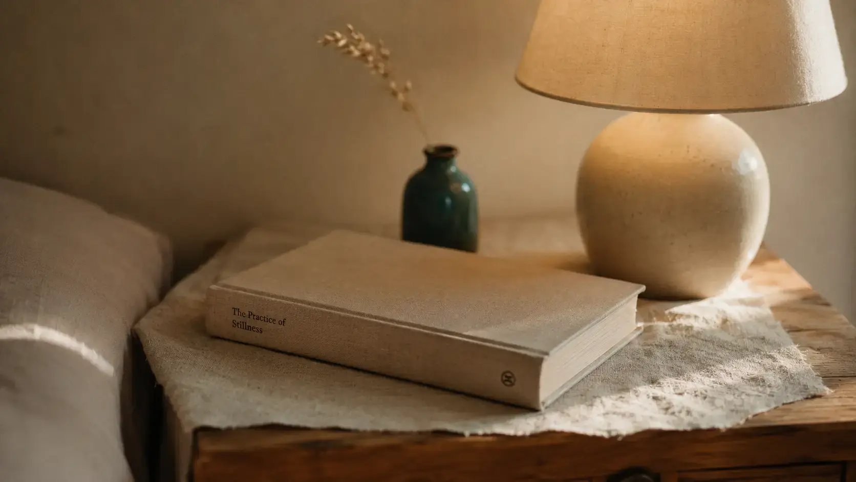 Closed book resting on a linen-covered nightstand beside a small ceramic lamp, warm morning light, representing the quiet intimate life that carries what trauma leaves behind