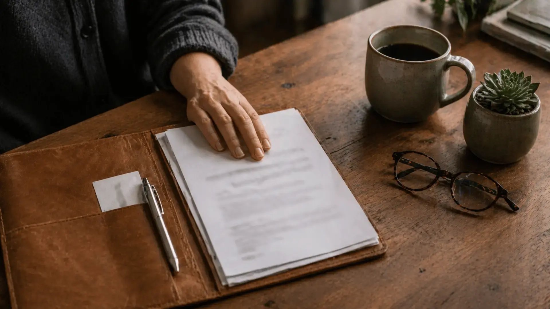 A hand rests on an open tan leather portfolio on a warm wooden desk, holding neatly arranged documents and a silver pen, with a coffee mug and reading glasses beside it, representing the professional commitment of pursuing EMDRIA-approved EMDR certification.