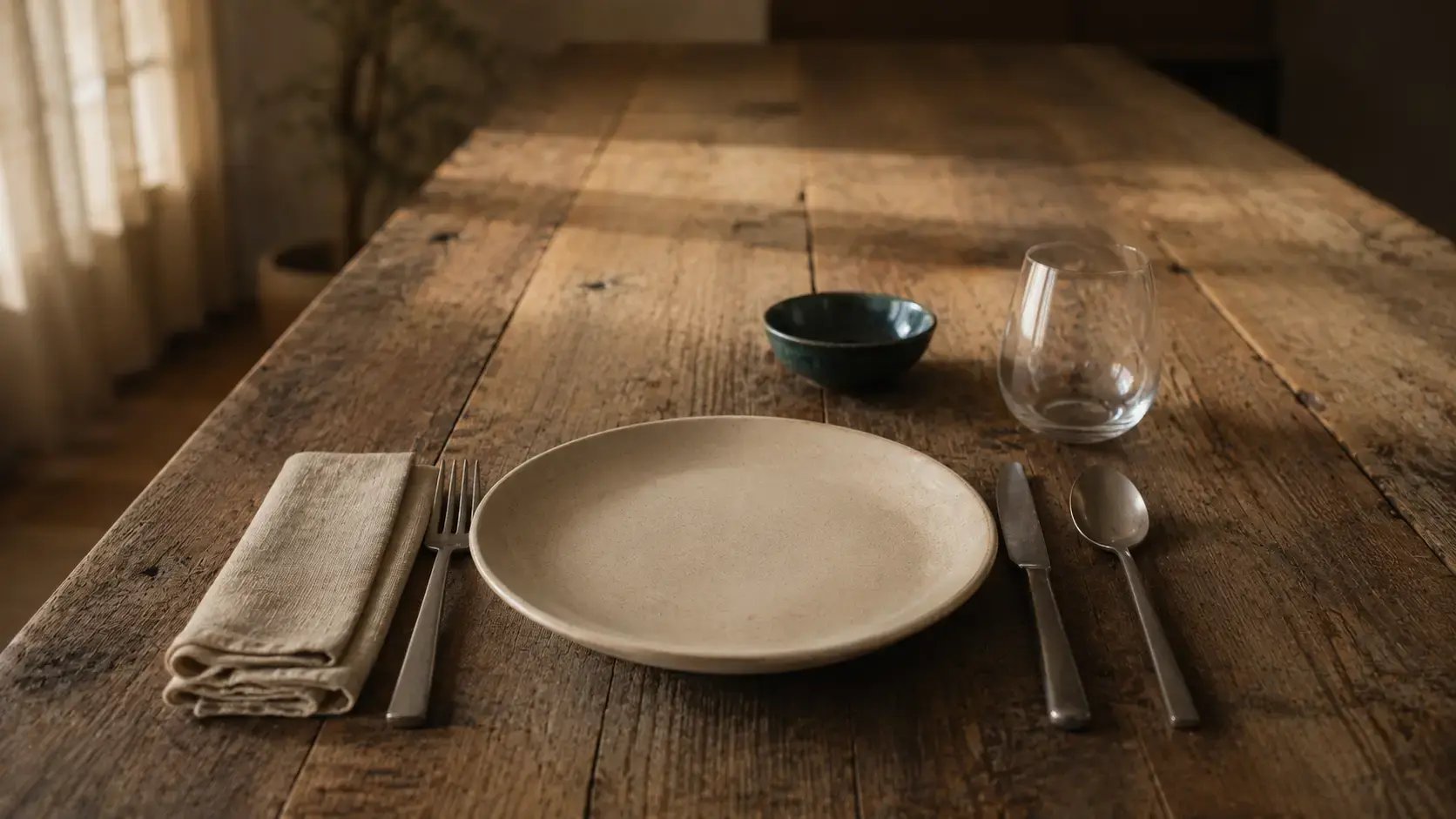 Single dining place setting alone at a long wooden table with soft window light, representing the quiet absence at the heart of emotional neglect