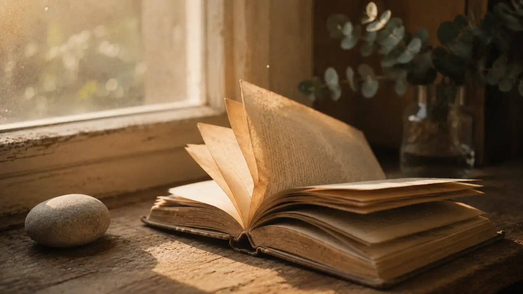 Open book fanned on a wooden windowsill beside a small stone, morning light filtering in, representing the quiet after religious deconstruction and the body that has not yet caught up