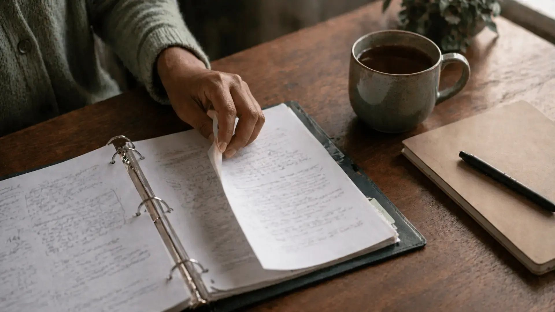 A hand turns the page of an open three-ring binder on a warm wooden desk, with a ceramic mug of tea and a notebook nearby, illustrating the methodical, step-by-step nature of moving through the 8 phases of EMDR therapy.