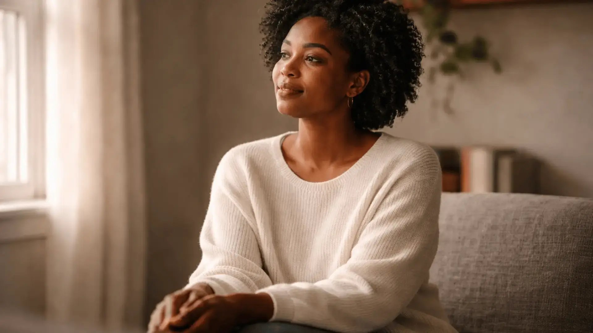 Woman sitting calmly near a window in warm afternoon light Blog Trauma Therapist Institute