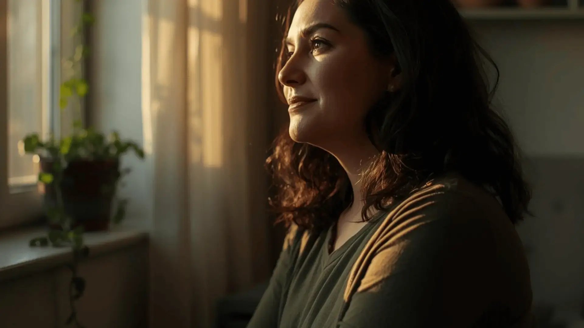 Woman sitting quietly near a sunlit window in warm morning light Blog Trauma Therapist Institute