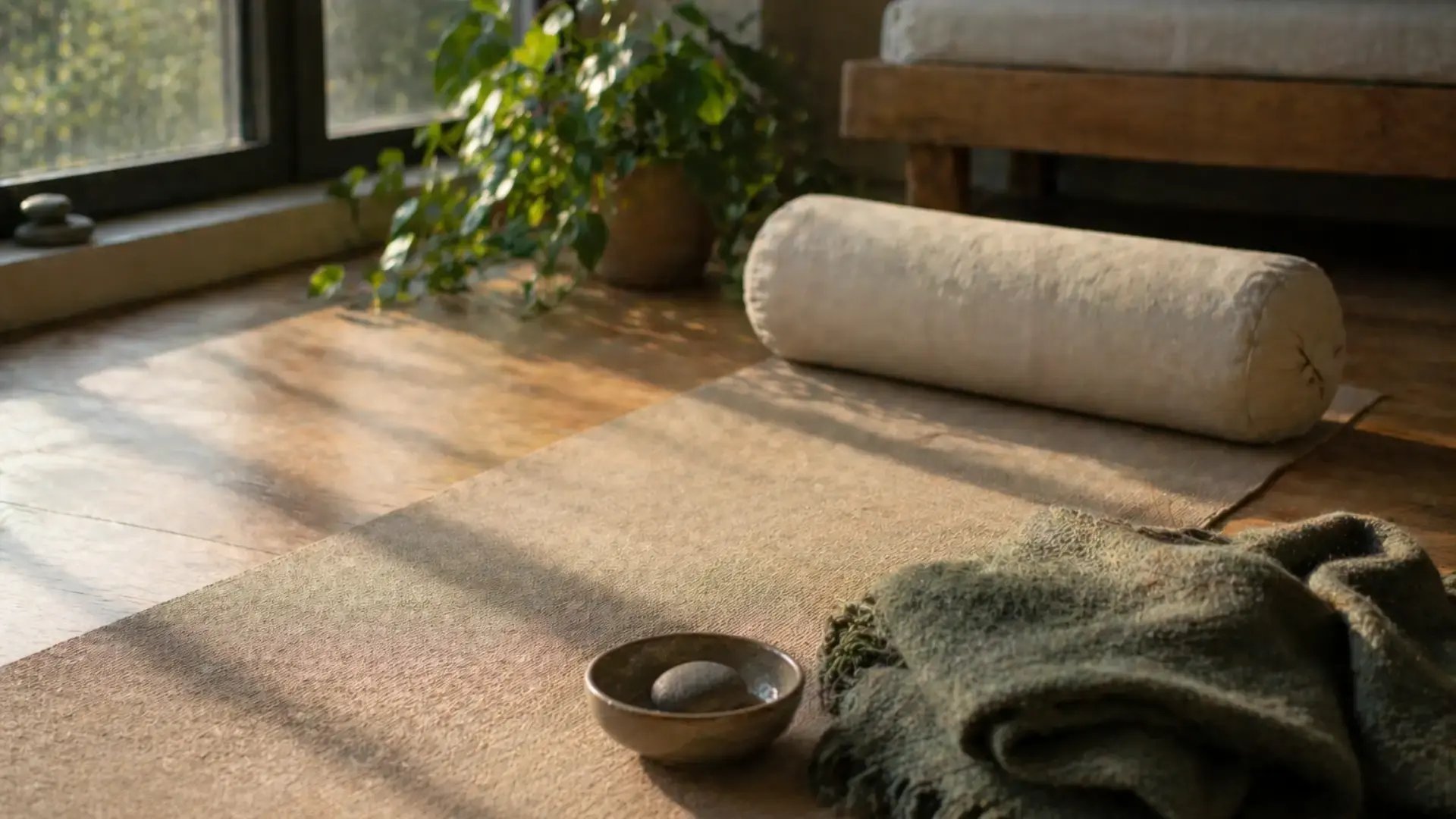 Yoga mat, bolster, and folded blanket on a wood floor in soft morning light  Blog Trauma Therapist Institute