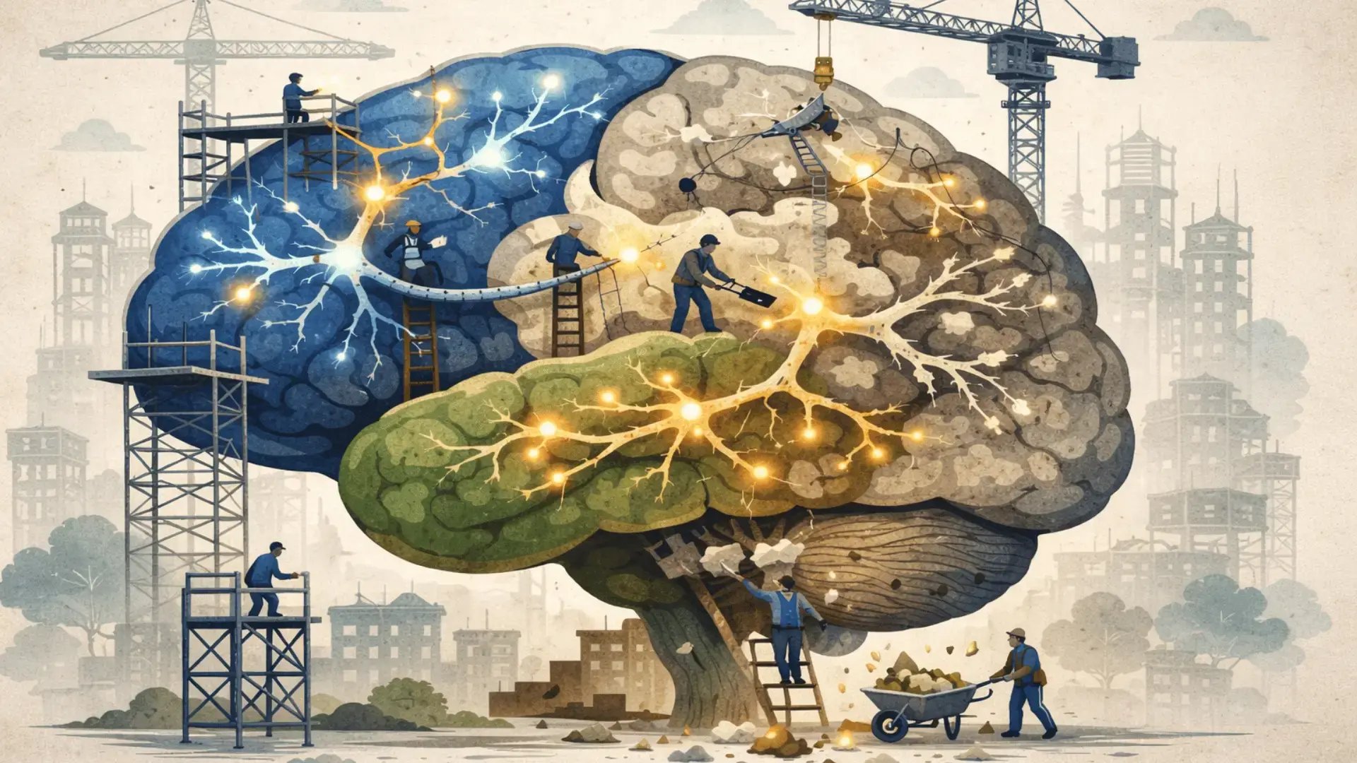A stylized illustration of an adolescent brain in mid-remodeling: not a textbook diagram, but an artistic rendering showing structural change, neural connections forming and pruning, with TTI brand colors. Could also include subtle scaffolding or architectural elements suggesting "construction." Avoid the cliched glowing-brain stock image.