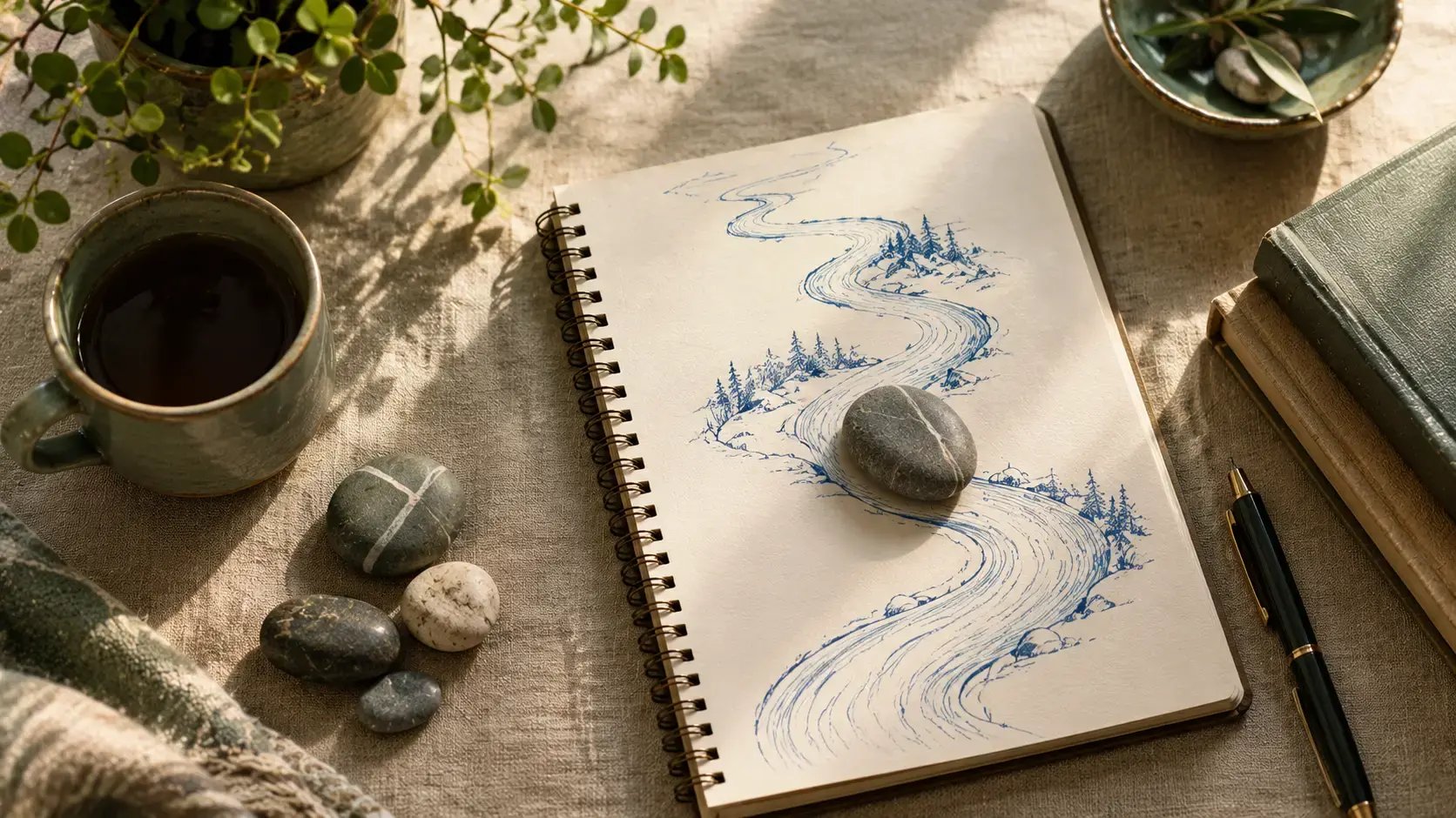  Open notebook with a hand-drawn winding river and a stone at the bend, representing stuck processing in EMDR Phase 4