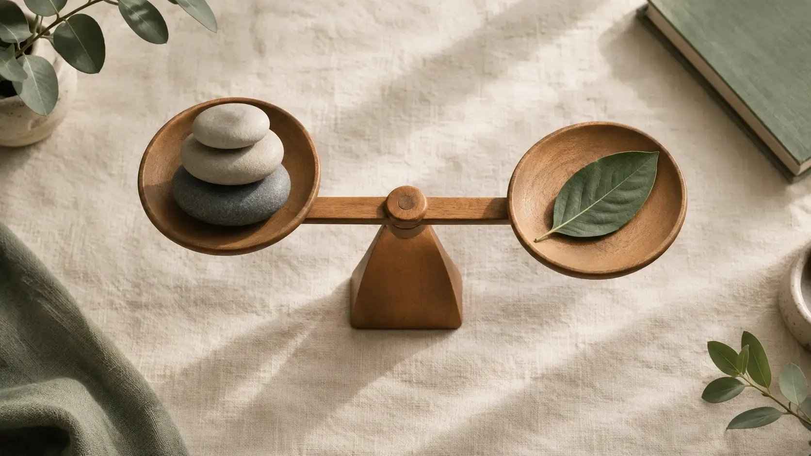 Wooden balance scale with stacked stones and a green leaf, representing assessing client readiness for EMDR reprocessing
