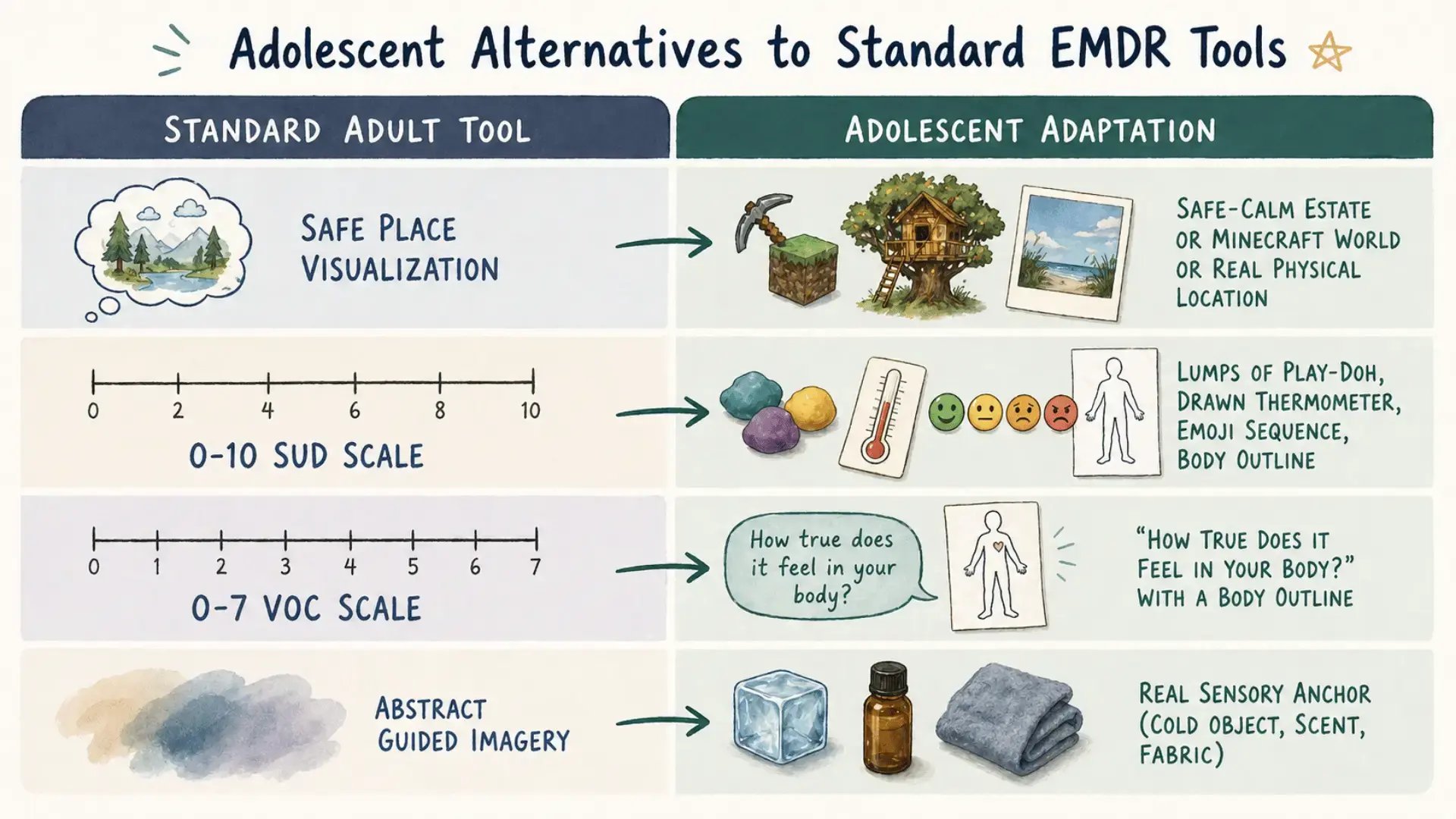 A two-column reference graphic titled "Adolescent Alternatives to Standard EMDR Tools." Left: Standard Adult Tool. Right: Adolescent Adaptation. Rows: Safe place visualization / Safe-Calm Estate or Minecraft world or real physical location. 0-10 SUD scale / Lumps of Play-Doh, drawn thermometer, emoji sequence, body outline. 0-7 VOC scale / "How true does it feel in your body?" with a body outline. Abstract guided imagery / Real sensory anchor (cold object, scent, fabric).