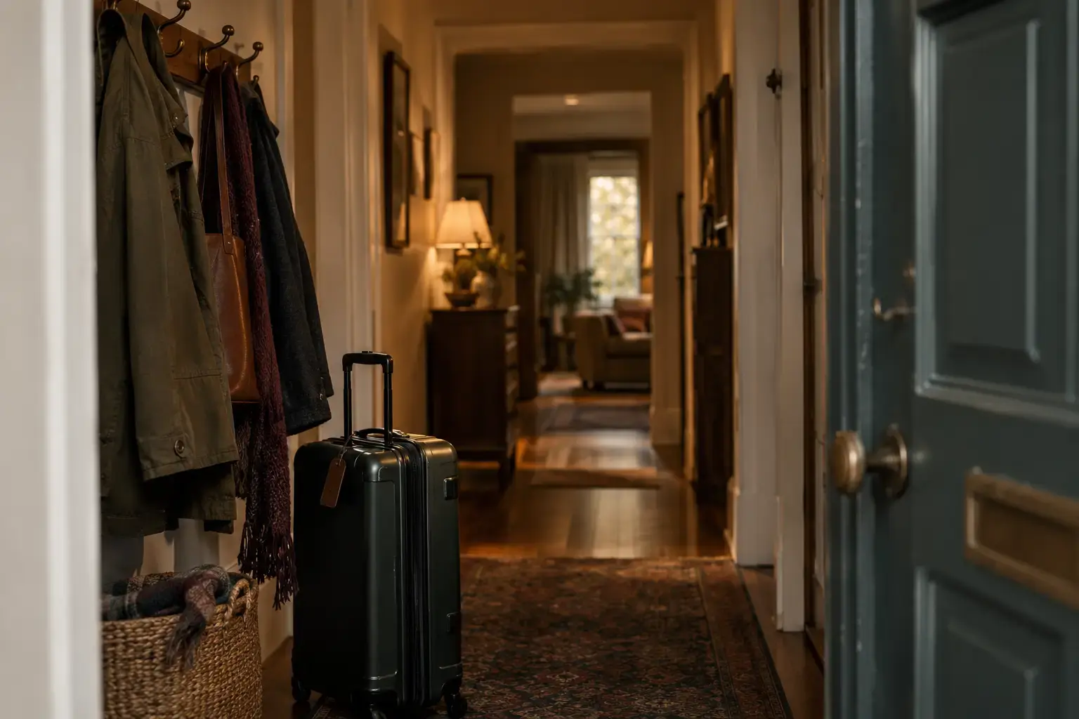 A suitcase set down just inside the front door of a family home, with a lamplit hallway beyond, evoking the moment of returning to family spaces during the holidays.